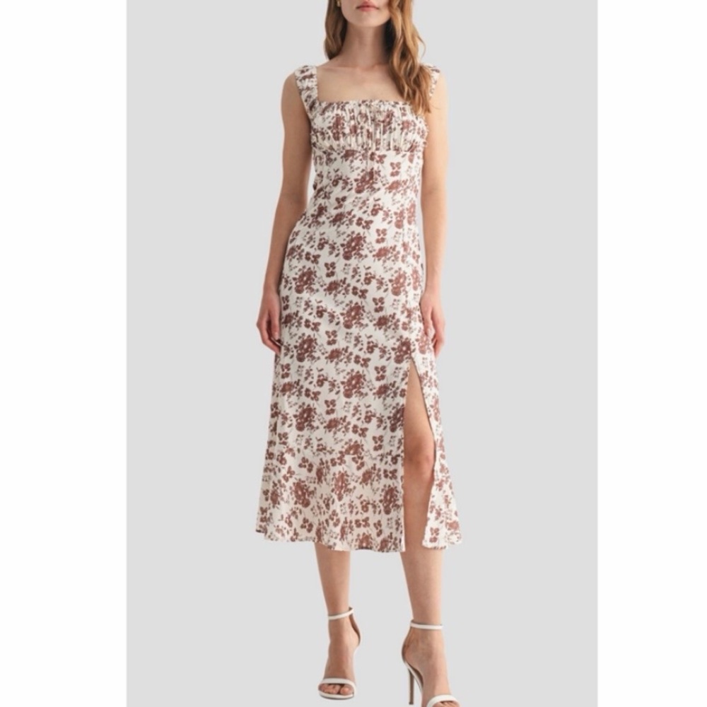Lush Floral Shirred Square Neck Midi Dress Cream Brown Side Slit‎ NWT XL